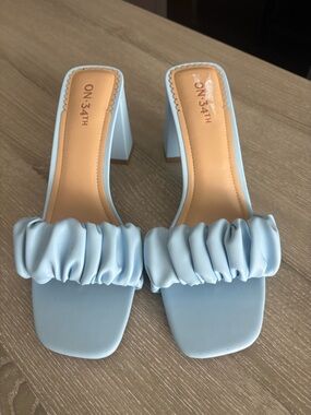 On 34th Light Blue Ruched Strap Block Heel Sandals